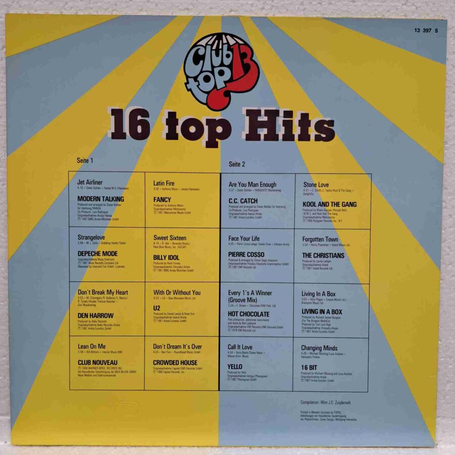 16 Top Hits - Juli/August 1987 - Modern Talking, Depeche Mode, C.C. Catch, Billy Idol - Disc Vinil LP VG+ (lotM) – 13 397 5