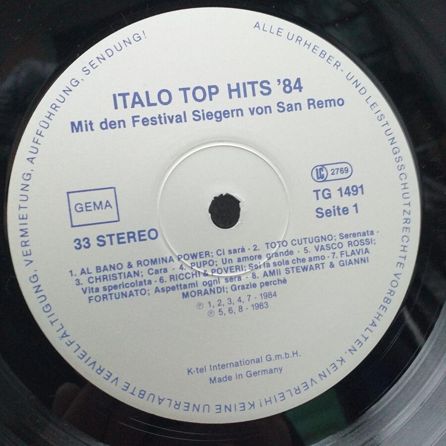Italo Top-Hits ’84 – Festival San Remo Disc VINIL VG VG+ Al Bano & Romina Power Ricchi & Poveri – Pupo -Toto Cutugno