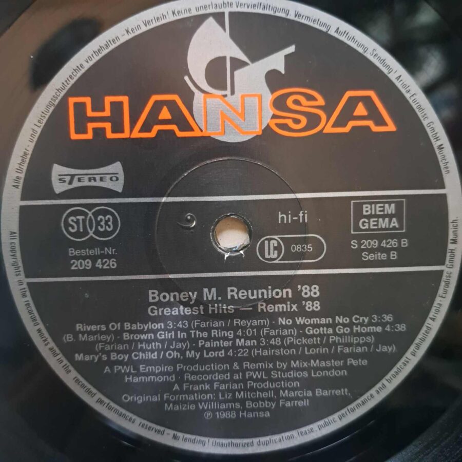 Boney M. Reunion '88 – Greatest Hits Of All Times - Remix '88 – Disc Vinil LP VG VG+ (lotF)