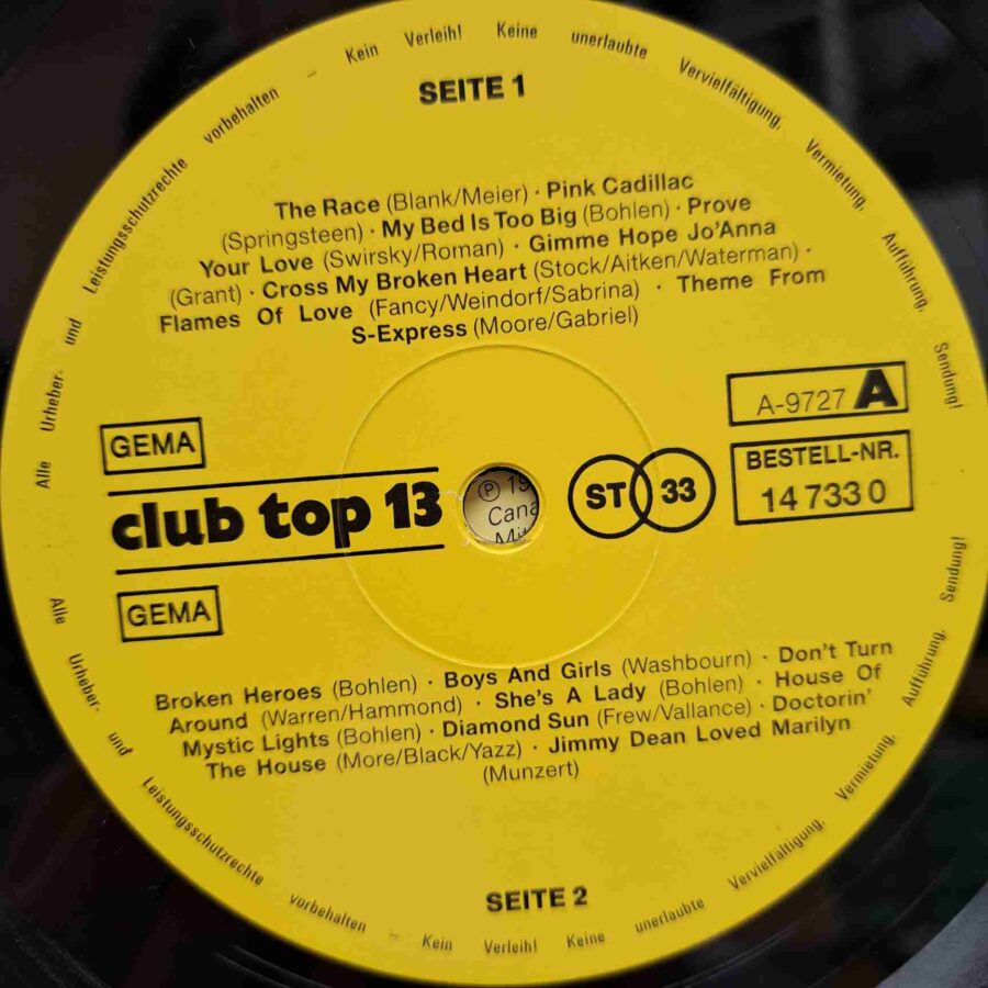 Club Top 13 International - Juli/August 1988 - Blue System, C.C. Catch, Eddy Grant, Glass Tiger - Disc Vinil LP VG+ (lotM) - 14 733 0