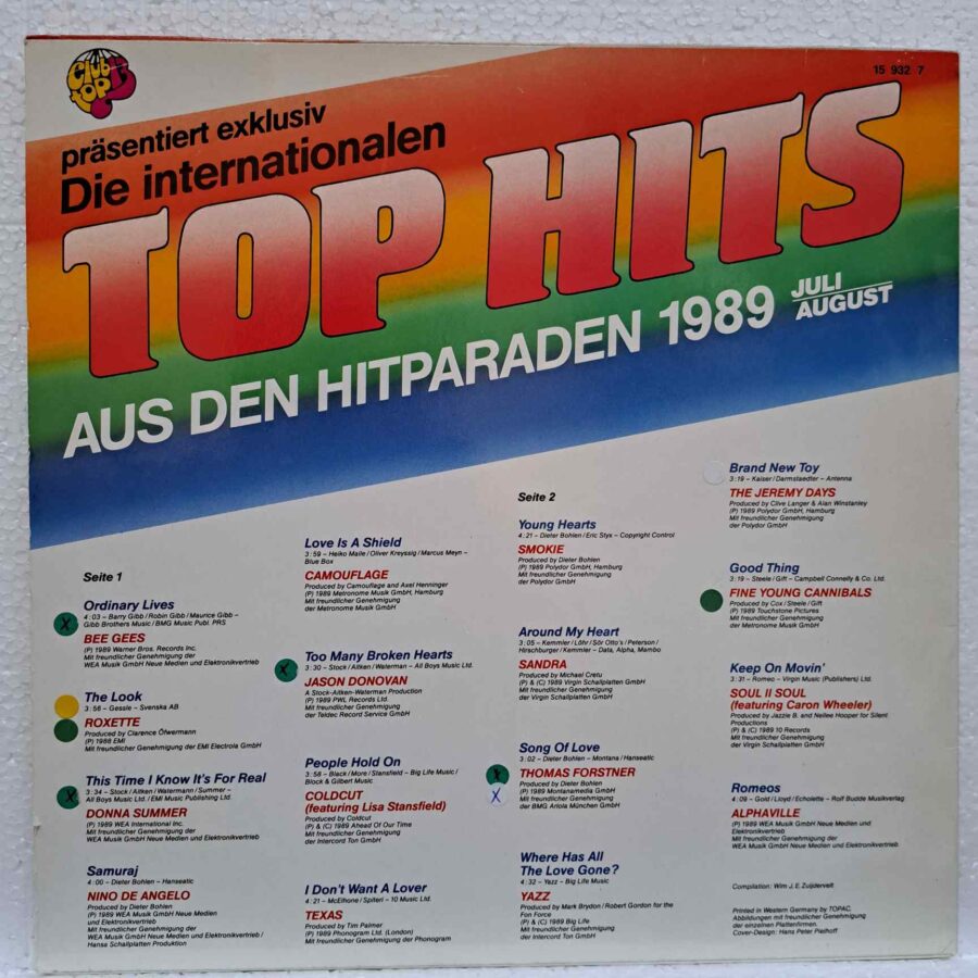 Club Top 13 - 1989 - Juli/August – Disc Vinil LP VG+ (lotG) - Bee Gees, Roxette, Smokie, Sandra, Yazz