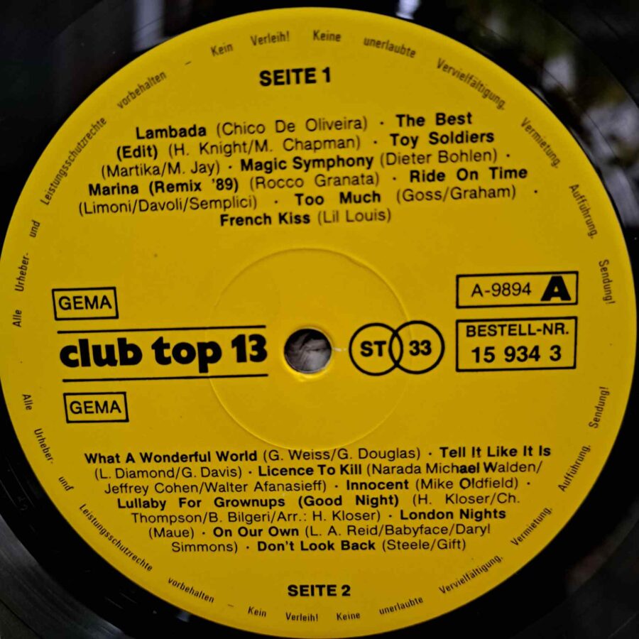 Club Top 13 November/Dezember 1989 – Disc Vinil LP VG+ (lotG) - Tina Turner, Blue System, Louis Armstrong, Mike Oldfield, London Boys