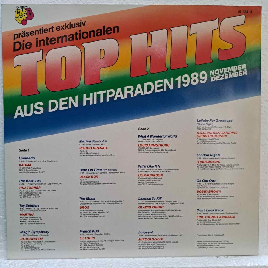 Club Top 13 November/Dezember 1989 – Disc Vinil LP VG+ (lotG) - Tina Turner, Blue System, Louis Armstrong, Mike Oldfield, London Boys