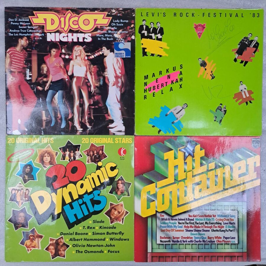 Box 4 Discuri Vinil VG VG+ – Penny McLeanc, Bimbo Jet, Joe Cocker, T. Rex, Daniel Boone, Markus, Nena, Status Quo, Velvet Glove (lotD7)