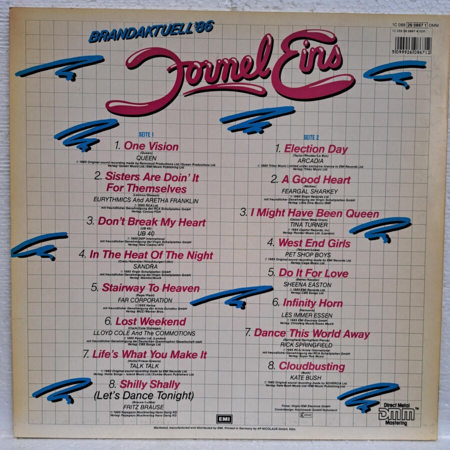 Formel Eins - '86 Disc VINIL LP VG+ Arcadia - Queen - Eurythmics And Aretha Franklin - UB40 - Sandra - Rick Springfield - Tina Turner - Pet Shop Boys ...
