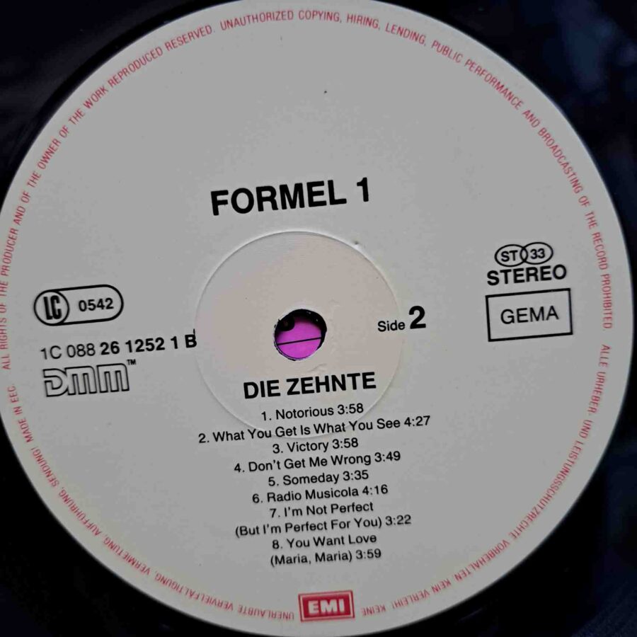 Formel Eins - Die Zehnte – Tina Turner, Joe Cocker, Duran Duran, Mel & Kim, Grace Jones – Disc Vinil LP VG+ (lotR) - 1C 088 26 1252 1