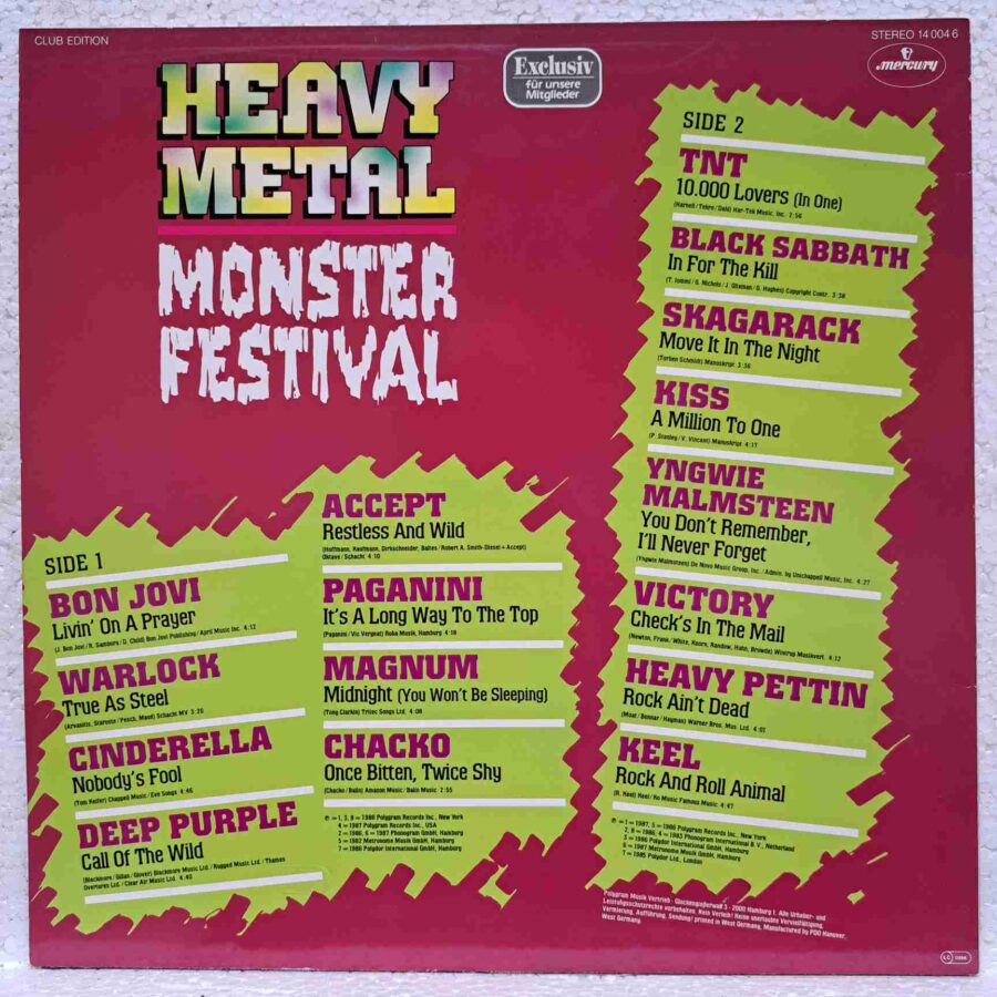 Heavy Metal Monster Festival – Deep Purple, Bon Jovi, Black Sabbath, Kiss, Heavy Pettin – Disc Vinil LP VG+ (lotI) - 14 004 6