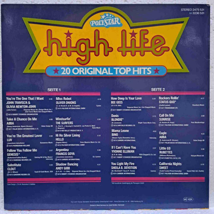 High Life - 20 Original Top Hits – Disc Vinil LP VG VG+ (lotR) - ABBA, Bee Gees, Status Quo, Clout, Genesis - 2475 531