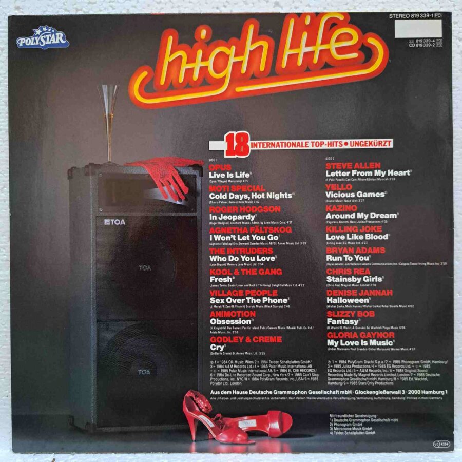 High Life - Internationale Top-Hits - Disc Vinil LP VG+ (lotG) - Chris Rea, Bryan Adams, Roger Hodgson, Opus, Yello