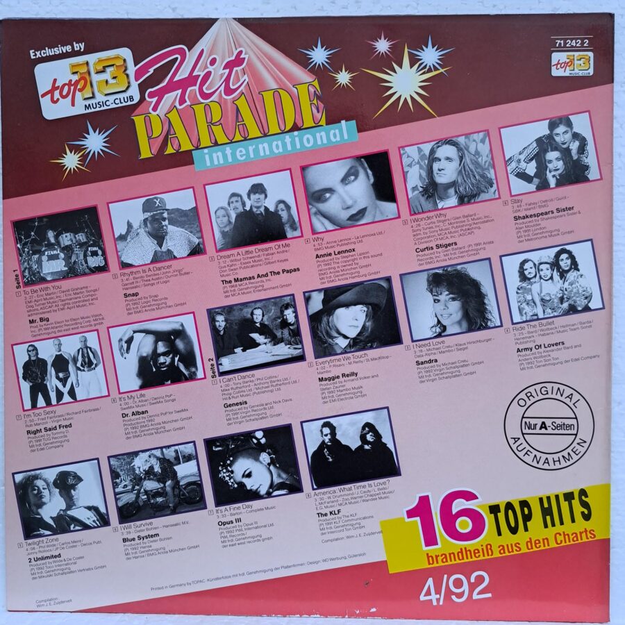 Hit Parade International 4/92 Disc VINIL LP VG Annie Lennox - Snap! - Mr. Big - Shakespear's Sister - Right Said Fred - Dr. Alban- Maggie Reilly - Army Of Lovers - 2 Unlimited - The KLF ...