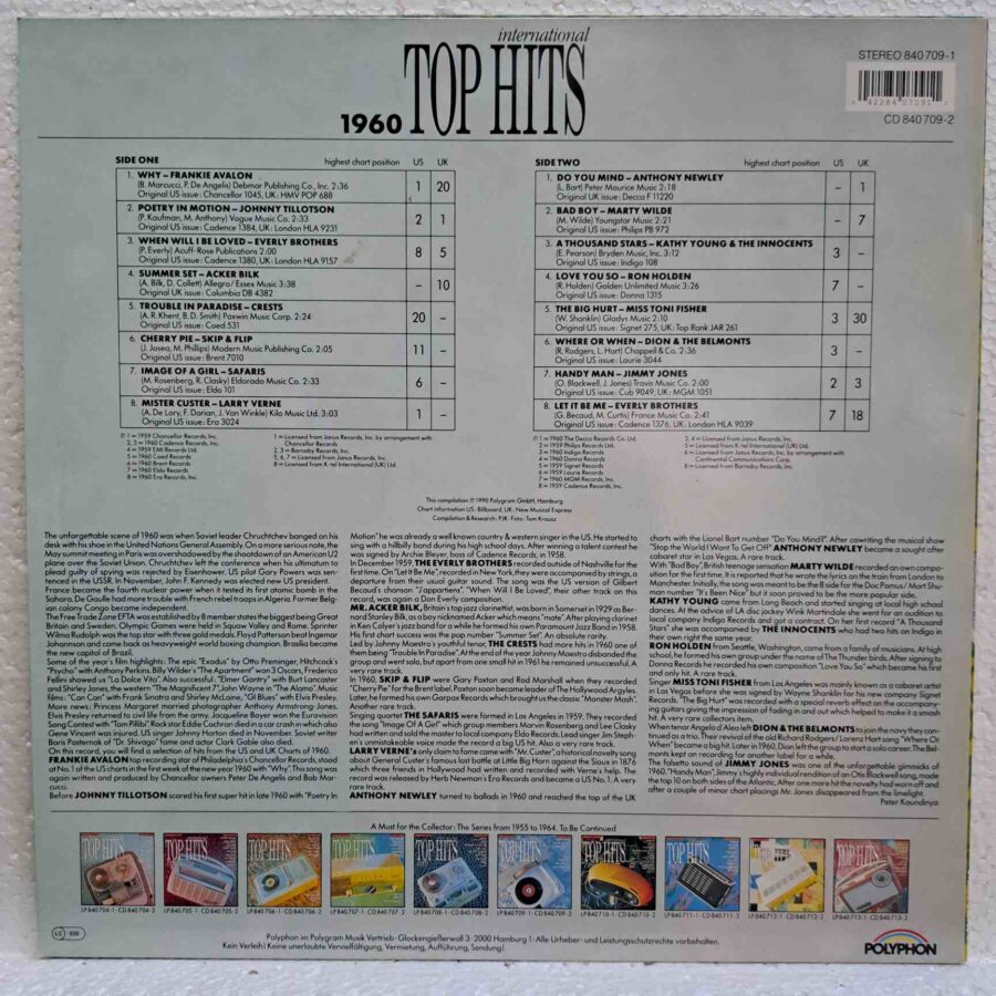 International Top Hits 1960 – Disc Vinil LP VG+ (lotG) - Frankie Avalon, Everly Brothers, Marty Wilde, Toni Fisher, Jimmy Jones