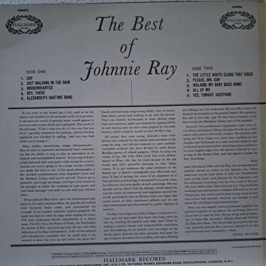 Johnnie Ray – The Best Of Johnnie Ray – Disc Vinil LP VG+ (lotC) UK