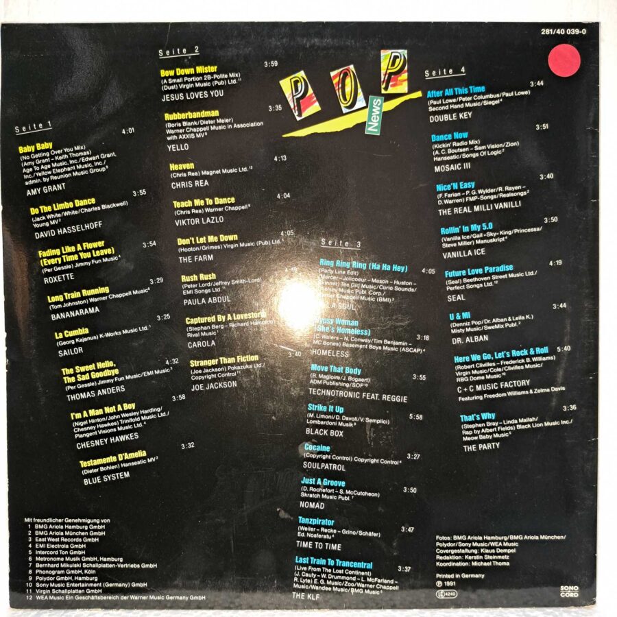 Roxette - Chris Rea - Amy Grant - C + C Music Factory Pop News 4/91 Disc VINIL 2LP VG+ (BOXE) Black Box - The KLF - Dr. Alban - Seal - Vanilla Ice ...