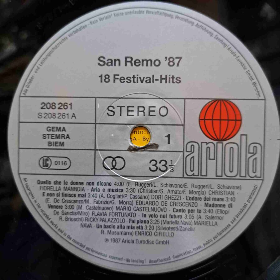 San Remo '87 - 18 Festival-Hits – Disc Vinil LP VG+ (lotI) - Sergio Caputo, Mario Castelnuovo, Dori Ghezzi, Rossana Casale, Scialpi