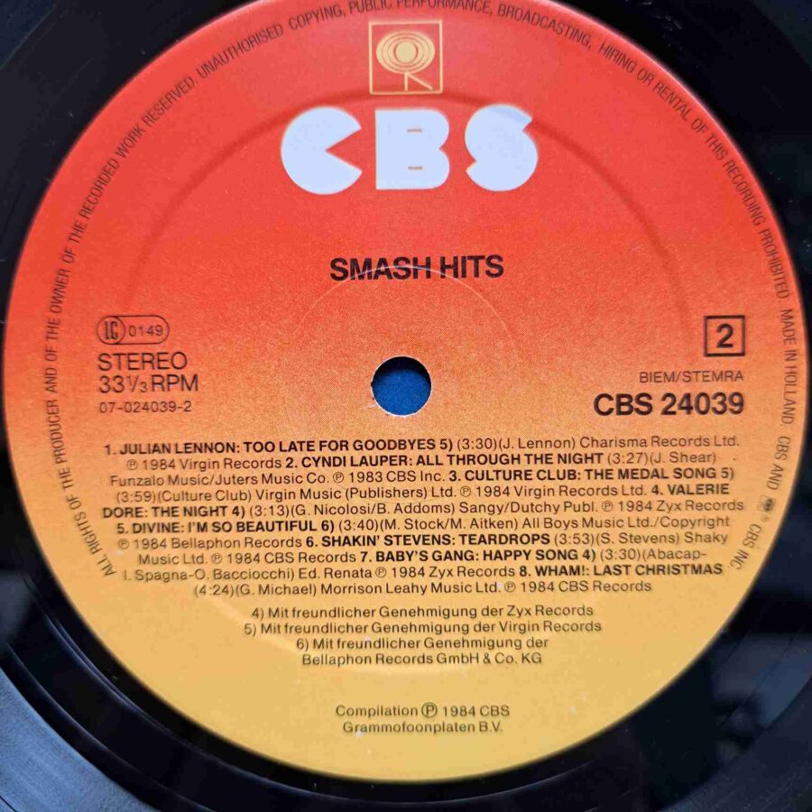 Smash Hits – Limahl, Depeche Mode, Julian Lennon, Divine, Wham! – Disc Vinil LP VG+ (lotI) - CBS 24 039
