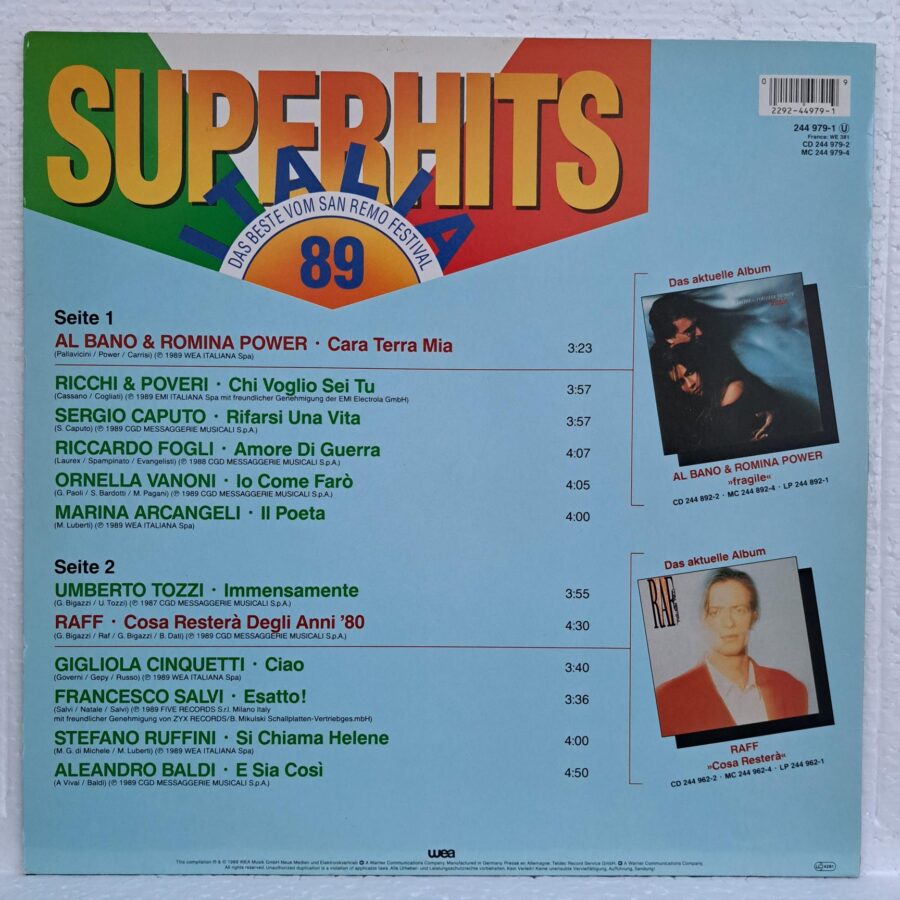 Superhits Italia / San Remo Festival '89 Disc VINIL LP VG Al Bano & Romina Power Ricchi & Poveri – Umberto Tozzi - Raff - Sergio Caputo - Francesco Salvi
