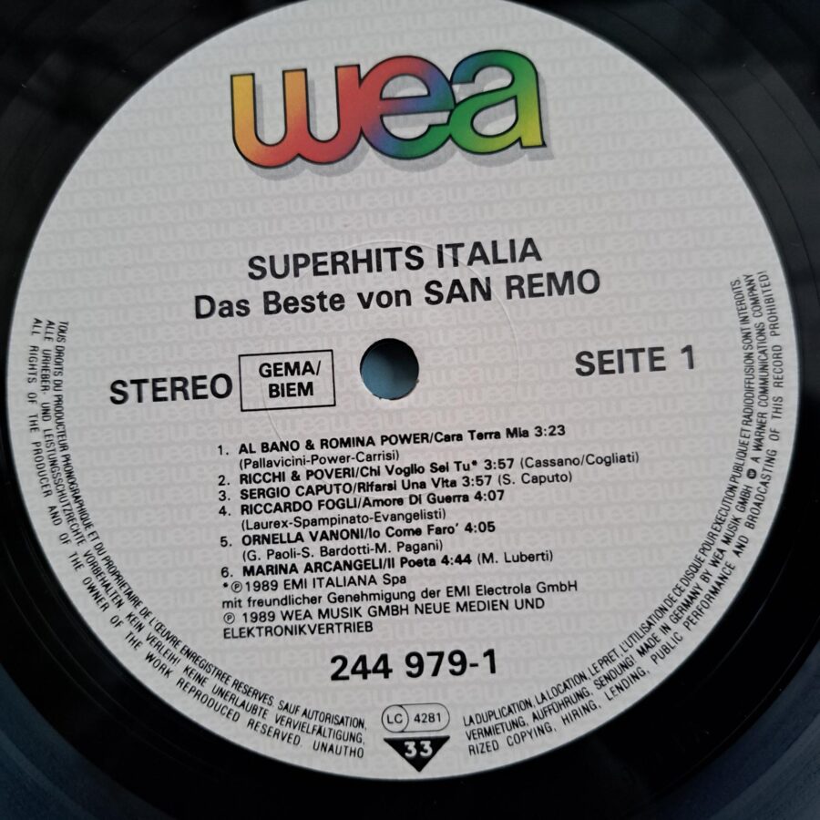 Superhits Italia / San Remo Festival '89 Disc VINIL LP VG Al Bano & Romina Power Ricchi & Poveri – Umberto Tozzi - Raff - Sergio Caputo - Francesco Salvi