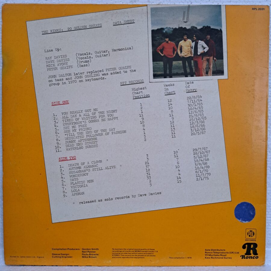 The Kinks – 20 Golden Greats Disc VINIL LP VG VG+