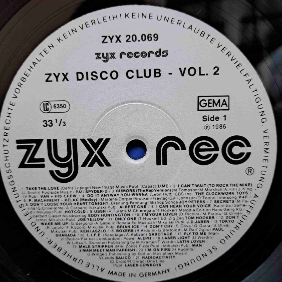ZYX Disco Club Volume 2 - Lime, Albert One, Brian Ice, Ken Laszlo, Sabrina, Latin Lover - Disc Vinil LP VG+ (lotM)