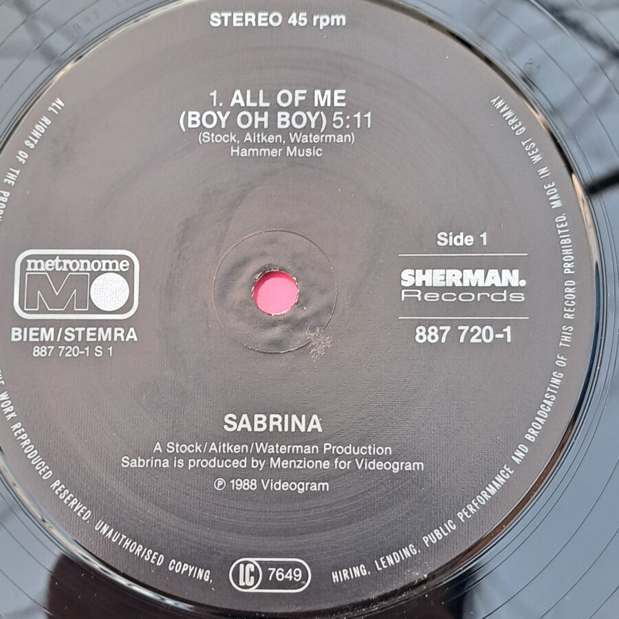 Sabrina – All Of Me (Boy Oh Boy) Disc vinil VG VG+ Maxi-Single (R)