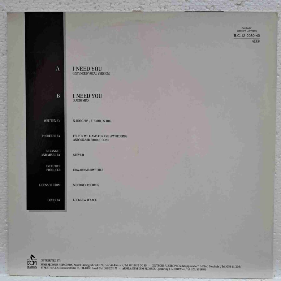 B.V.S.M.P. – I Need You - Disc Vinil MAXI 45 RPM EX