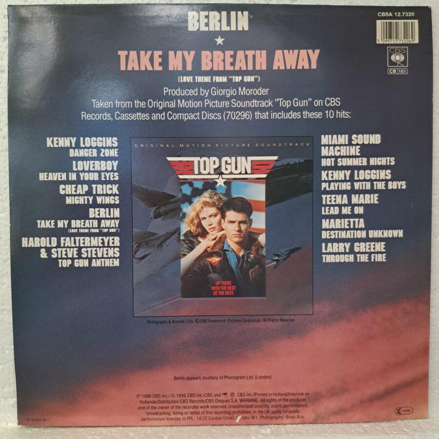 Berlin – Take My Breath Away (Love Theme From Top Gun) (3) Berlin – Take My Breath Away (Love Theme From "Top Gun") – Disc Vinil MAXI VG VG+ (lotB)