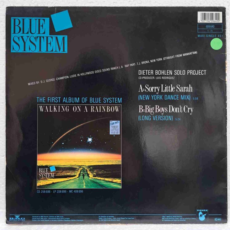 Blue System – Sorry Little Sarah (New York Dance Mix) DISC VINIL MAXI VG VG+ (boxB) (2) Blue System – Sorry Little Sarah (New York Dance Mix) DISC VINIL MAXI VG VG+ (boxB)