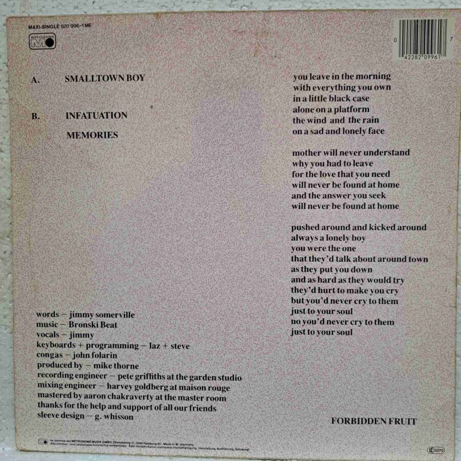 Bronski Beat – Smalltown Boy - Disc Vinil MAXI 45 RPM VG (lotK)