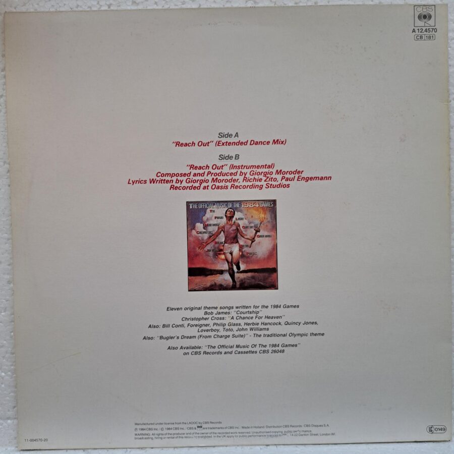 Giorgio Moroder Featuring Paul Engemann – Reach Out (3) Giorgio Moroder Featuring Paul Engemann – Reach Out – Disc Vinil MAXI VG VG+ (lotE)