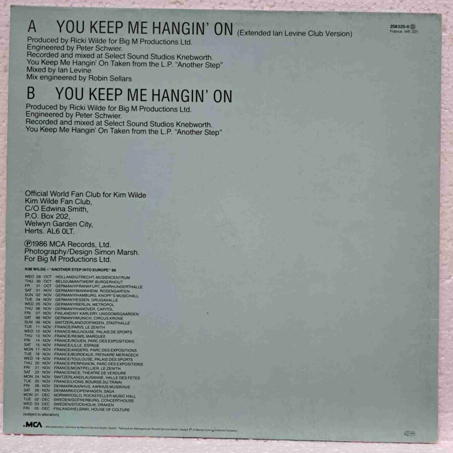 Kim Wilde – You Keep Me Hangin' On (Extended Ian Levine Club Version) (3) Kim Wilde – You Keep Me Hangin' On (Extended Ian Levine Club Version) – Disc Vinil MAXI 45 RPM VG VG+ (lotA)