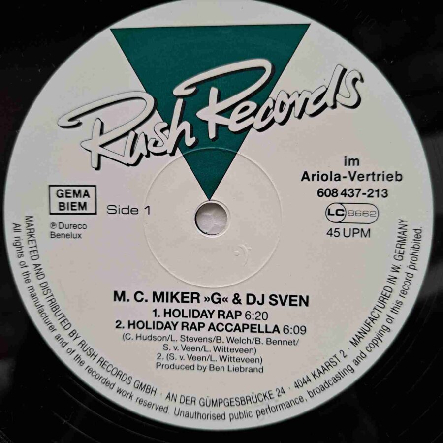 M.C.MikerG & Deejay Sven – Holiday Rap (1) M.C.Miker"G" & Deejay Sven – Holiday Rap – Disc Vinil MAXI 45 RPM VG+ (lotA)
