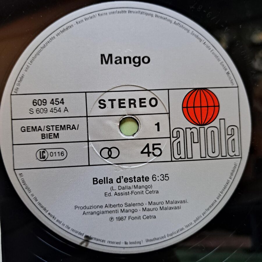 Mango – Bella D'Estate – Disc Vinil MAXI 45 RPM VG+(lotE)