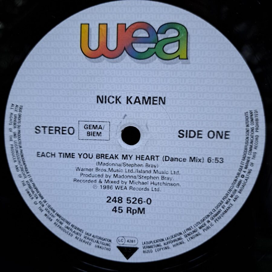 Nick Kamen – Each Time You Break My Heart (1) Nick Kamen – Each Time You Break My Heart – Disc Vinil MAXI 45 RPM VG+ (lotE)