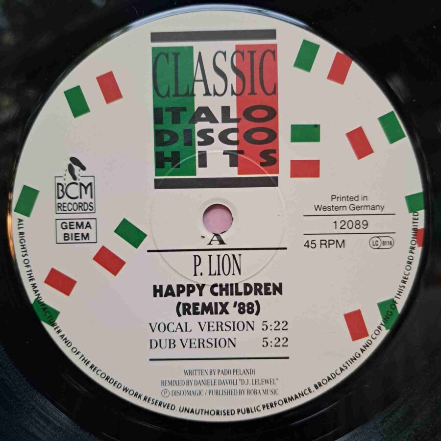 P. Lion – Happy Children (Remix '88) (1) P. Lion – Happy Children (Remix '88) – Disc Vinil MAXI 45 RPM VG+ (lotI)