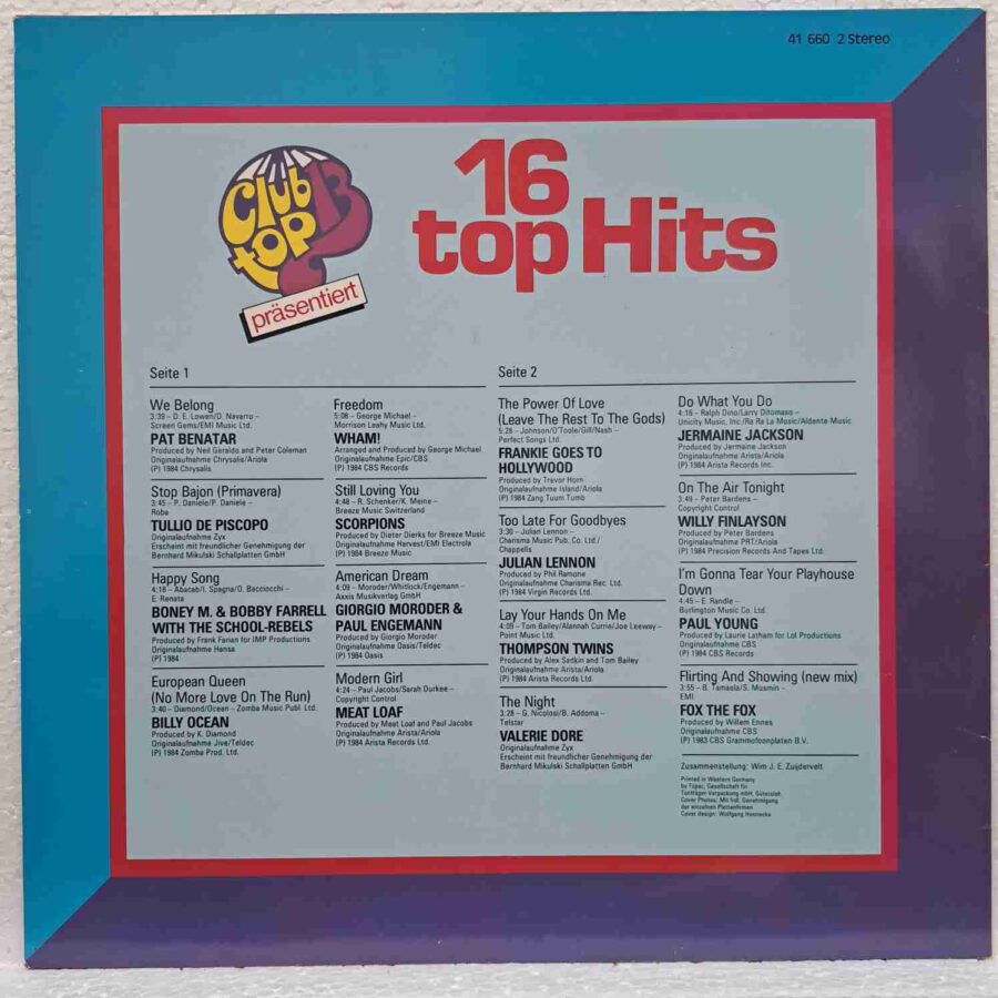 16 Top Hits - Aus Den Hitparaden: Januar/Februar 1985  – Disc Vinil LP VG VG+