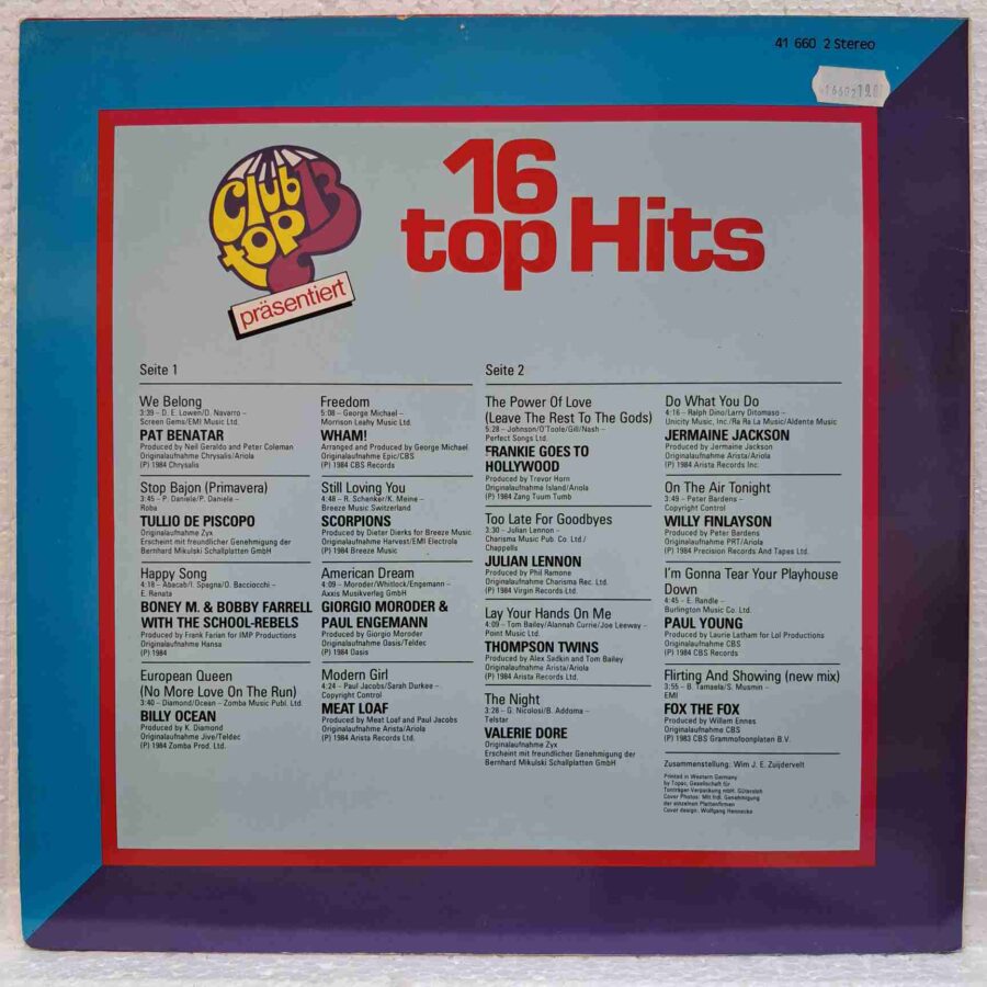 16 Top Hits - Januar/Februar 1985 - Wham!, Billy Ocean, Scorpions, Meat Loaf, Boney M. – Disc Vinil LP VG+