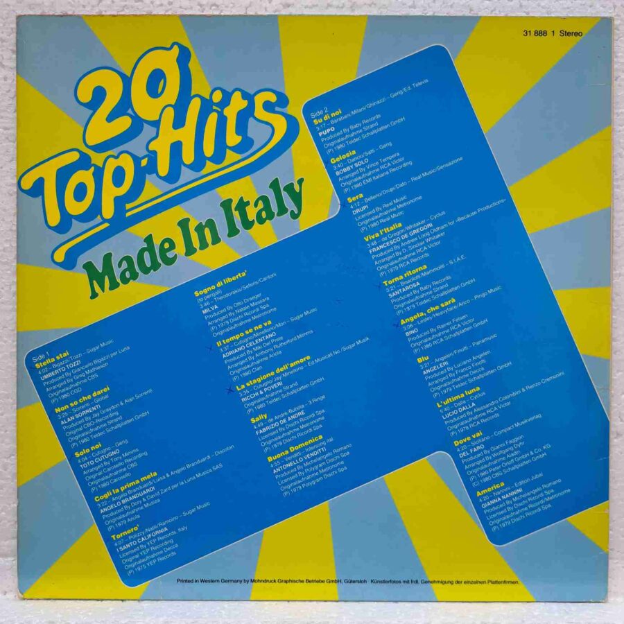 20 Top-Hits Made In Italy – Toto Cutugno, Pupo, Gianna Nannini, Ricchi & Poveri, Drupi - Disc Vinil LP VG
