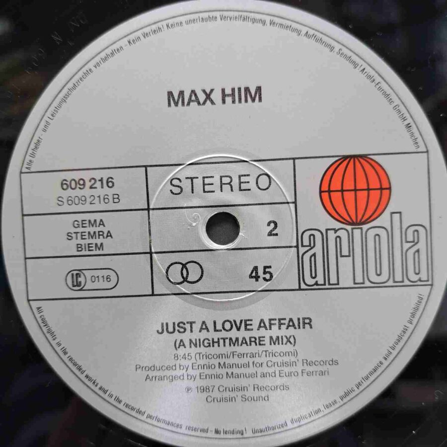 Max Him – Just A Love Affair - Disc Vinil Maxi Single sku8 Max Him – Just A Love Affair - Disc Vinil Maxi Single EX