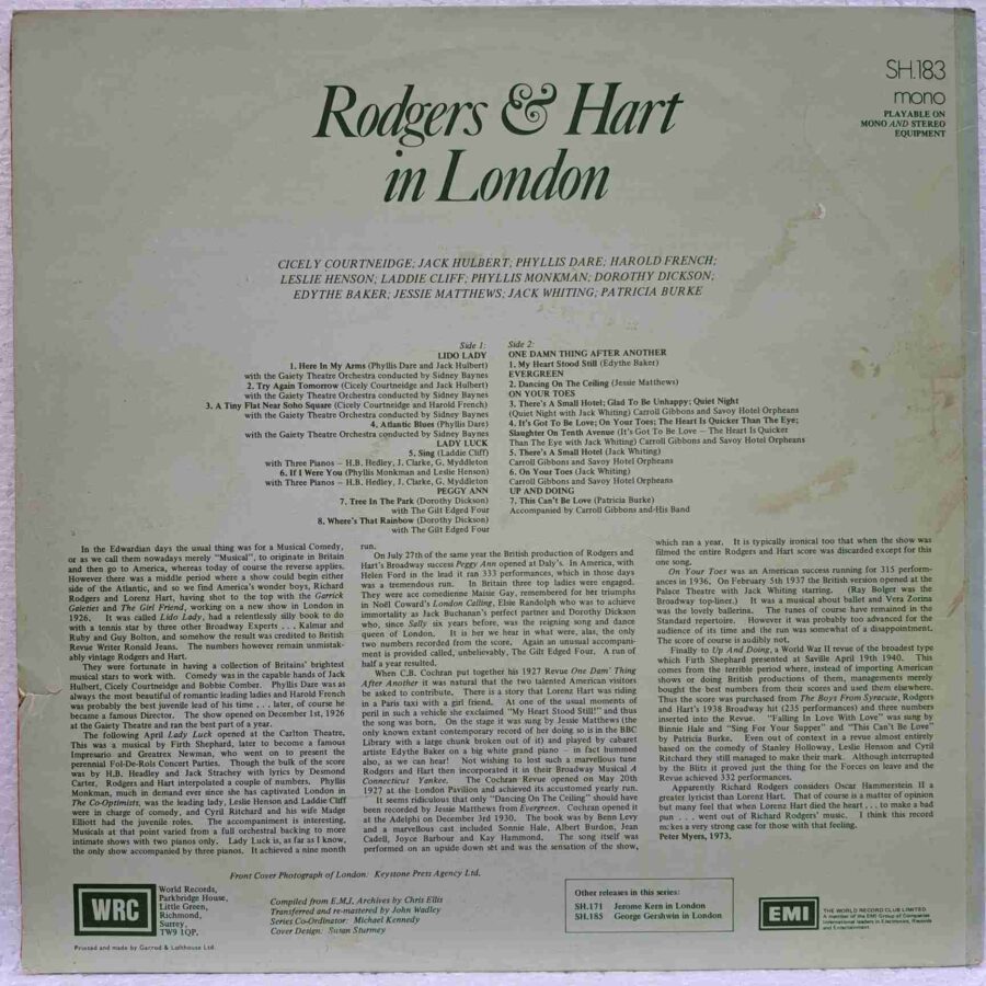 Rodgers & Hart In London SKU3 (3) Rodgers & Hart In London – Lido Lady, Lady Luck, Evergreen, Peggy Ann - Disc Vinil LP VG UK