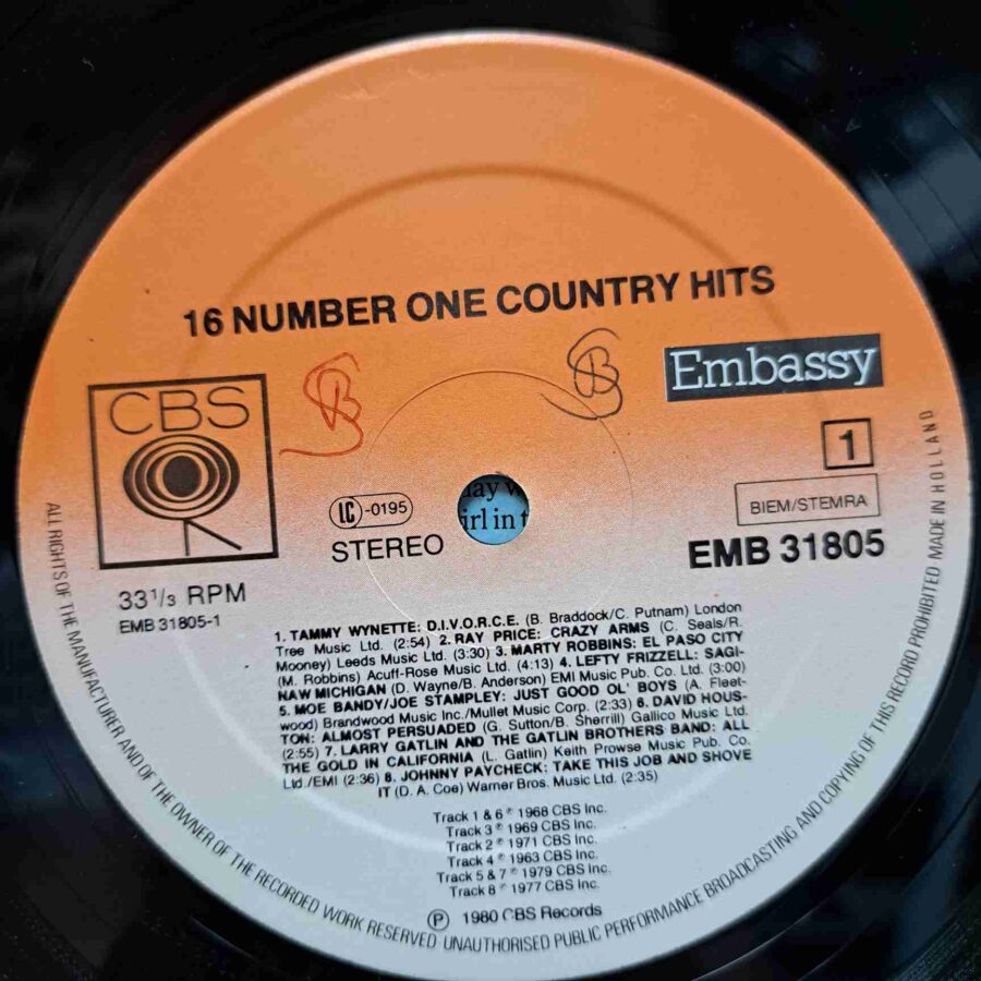 16 Number One Country Hits Volume 2 SKU4 (1) 16 Number One Country Hits Volume 2 - Johnny Cash, Tammy Wynette, Willie Nelson, Ray Price - Disc VINIL LP VG+