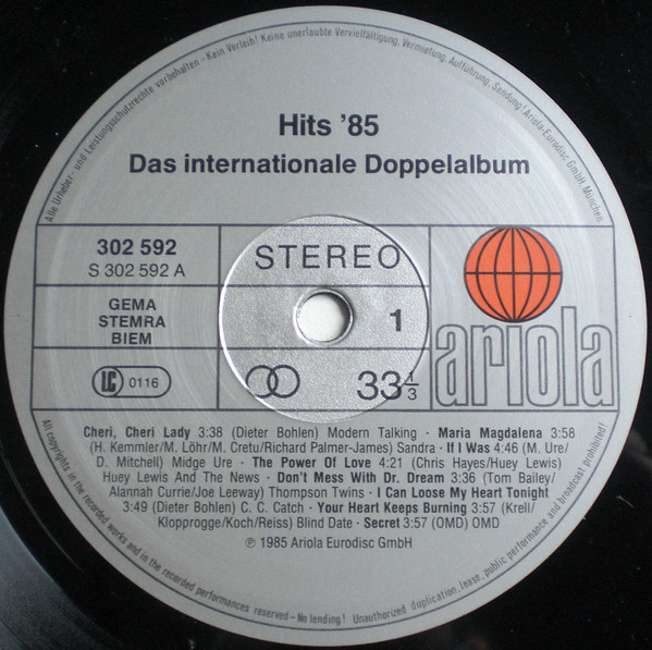 Hits 85 • Das Internationale2 Hits 85 • Das Internationale - Modern Talking, Sandra, Bad Boys Blue, C.C. Catch, UB 40 - Disc VINIL 2LP EX