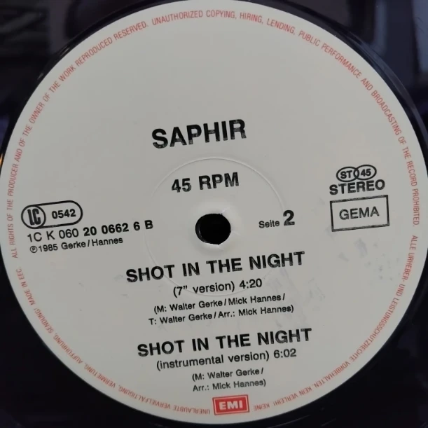 Saphir – Shot In The Night (Extended Remix) SKU9 (1) Saphir – Shot In The Night (Extended Remix) - Disc VINIL MAXI 45 RPM VG+