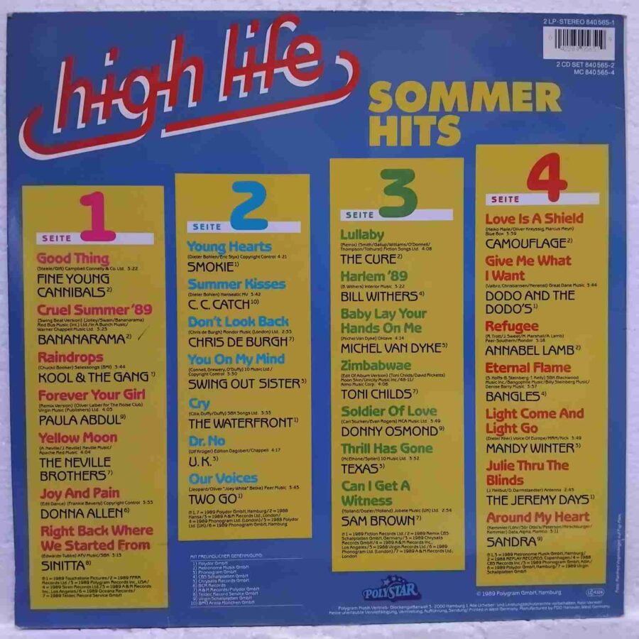 High Life Sommer Hits SKUX (2) High Life Sommer Hits - Fine Young Cannibals, Bananarama, The Cure, Bangles - Disc VINIL 2LP VG VG+