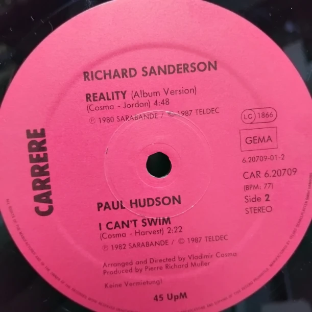 Richard Sanderson – Reality - Disc VINIL MAXI 45 RPM VG VG+