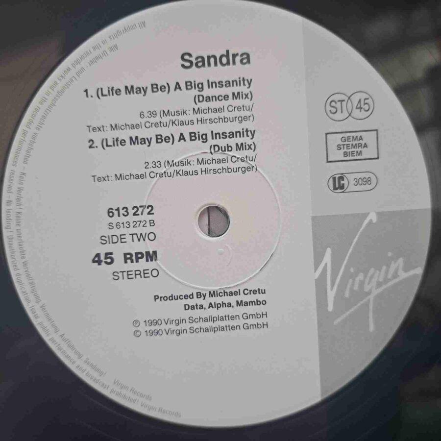 Sandra – (Life May Be) A Big Insanity (1) Sandra – (Life May Be) A Big Insanity - Disc VINIL MAXI 45 RPM EX