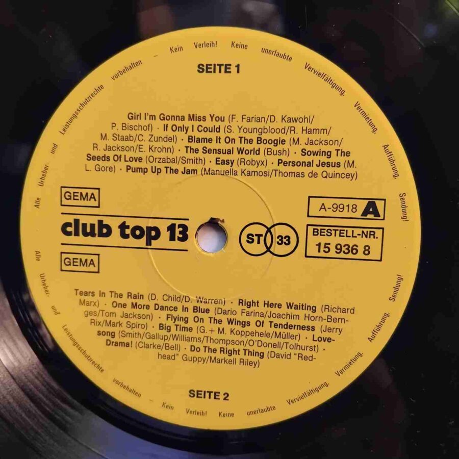 Club Top 13 Top Hits Aus Den Hitparaden SKU5 (1) Club Top 13 Top Hits - Extra - Depeche Mode, Kate Bush, Milli Vanilli, Technotronic - Disc VINIL LP VG VG+
