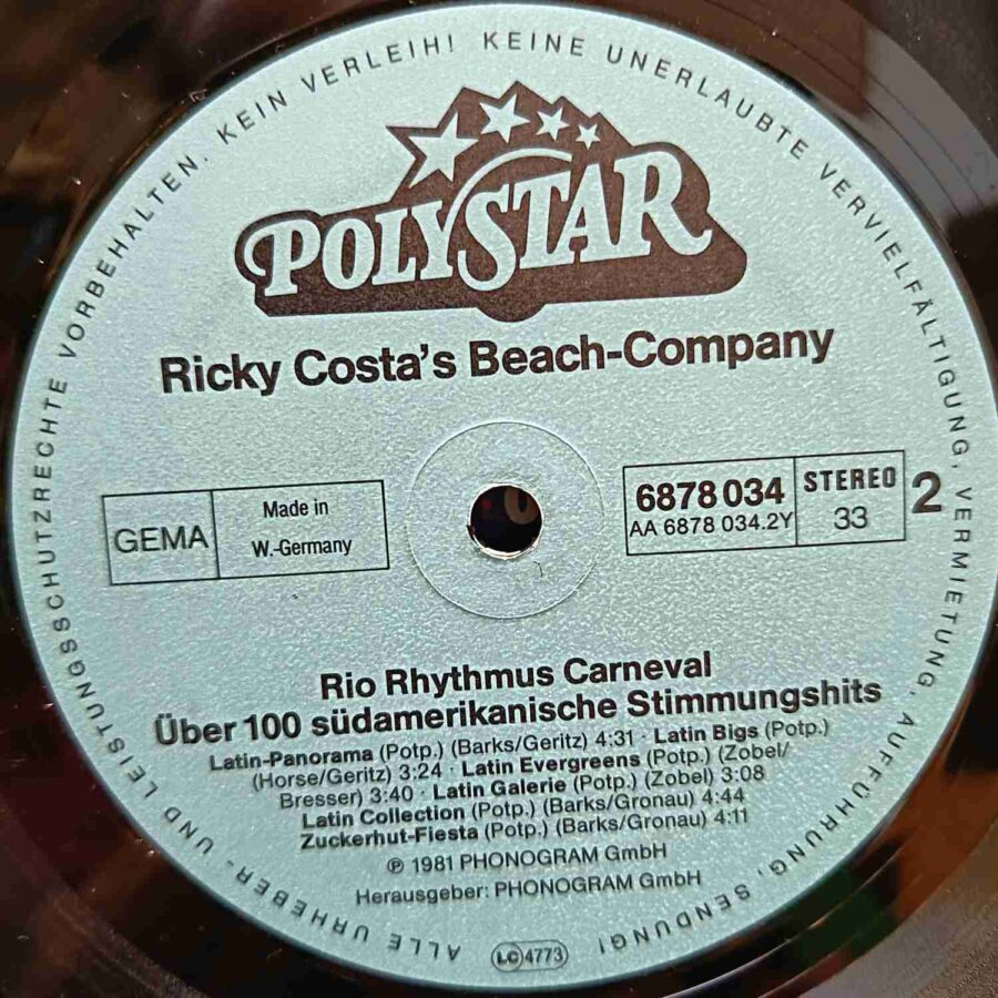 Ricky Costa's Beach Company – Rio Rhythmus Carneval SKUOCT (4) Ricky Costa's Beach Company – Rio Rhythmus Carneval – Disc VINIL 2LP VG+